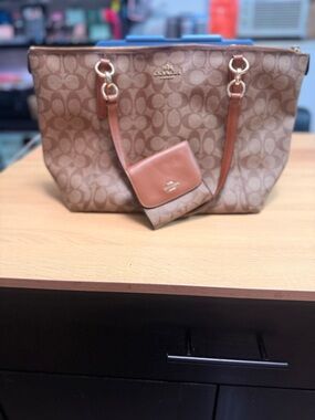 Coach Brown Signature Canvas Tote with Tan Leather Trim